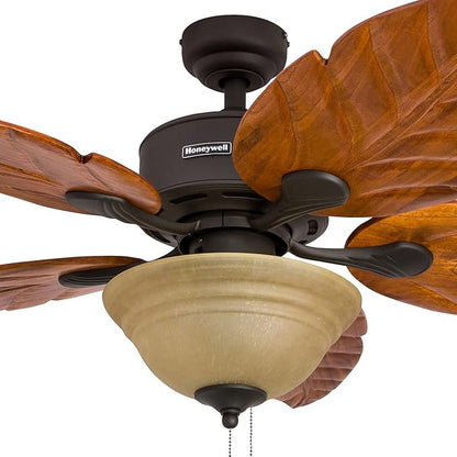 Honeywell Ceiling Fans Sabal Palm, 52 Inch Tropical LED Ceiling Fan with Light, Pull Chain, Dual Mounting Options, Hand Carved Solid Wood Blades - 50204-01 (Bronze)