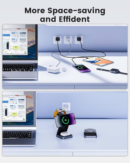 3-in-1 Wireless Charger for iPhone,15W Fast Wireless Charging Station Compatible with Mag-Safe Charger,Magnetic Foldable Travel Charger Stand Nightstand for iPhone 17/16/15/14,Apple Watch&AirPods