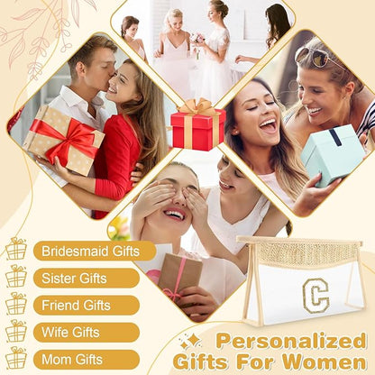 Personalized Initial Letter Bag Boho Straw Clear Makeup Bag,Small Cute Chenille Varsity Letter Bag With Zipper,Beach Travel Toiletry Bag,Portable Monogrammed Cosmetic Bag for Women Girls,C