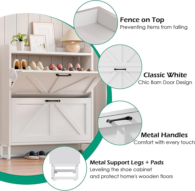 Betterhood Entryway Shoe Cabinet with 2 Flip Drawers, Slim Shoe Rack Cabinet, Freestanding Hidden Shoe Organizer Cabinet with Metal Legs, Shoe Cabniet for Entryway with Storage, Hallway, Foyer, White