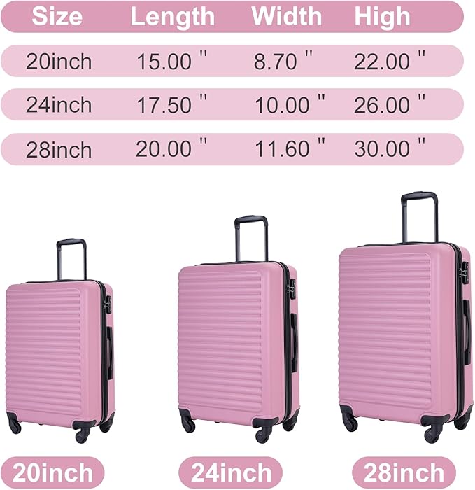 Travelhouse Luggage Sets, Expandable Hardside Suitcases 24in/28in, Carry on 20in,3 Piece Set Travel Luggages Clearance with Double Spinner Wheels TSA Lock Lightweight (2085-Pink)
