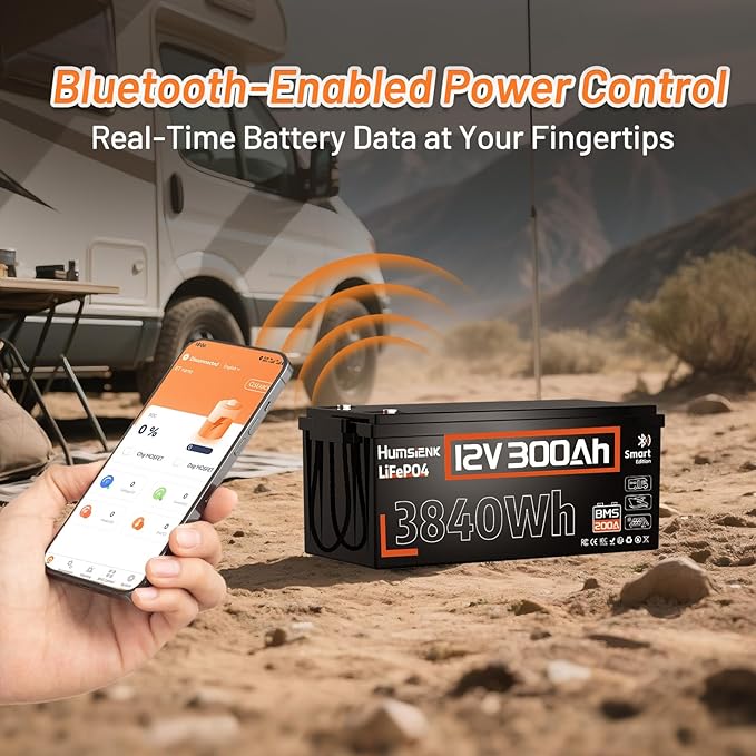 HumsiENK Bluetooth 12V 300Ah LiFePO4 Lithium Battery, 200A BMS with Low-Temp Cutoff, Max. 2560W Stable Power Output, 15000+ Deep Cycles Battery for RVs, Marine, Home Energy Storage, Off-Grid Living