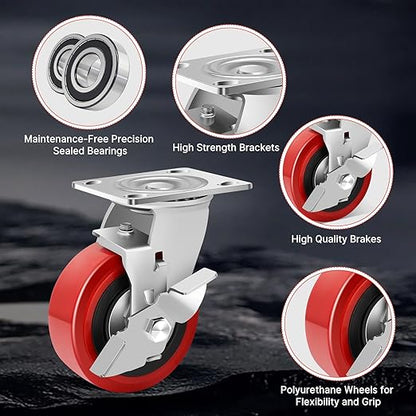 Nefish 5 Inch Industrial Grade Casters Wheels, Heavy Duty Polyurethane Casters Set of 4 with Dual Ball Bearing, Solid Polyurethane Wheel 3500 Lb, Plate Swivel Casters for, Industrial, Equipment