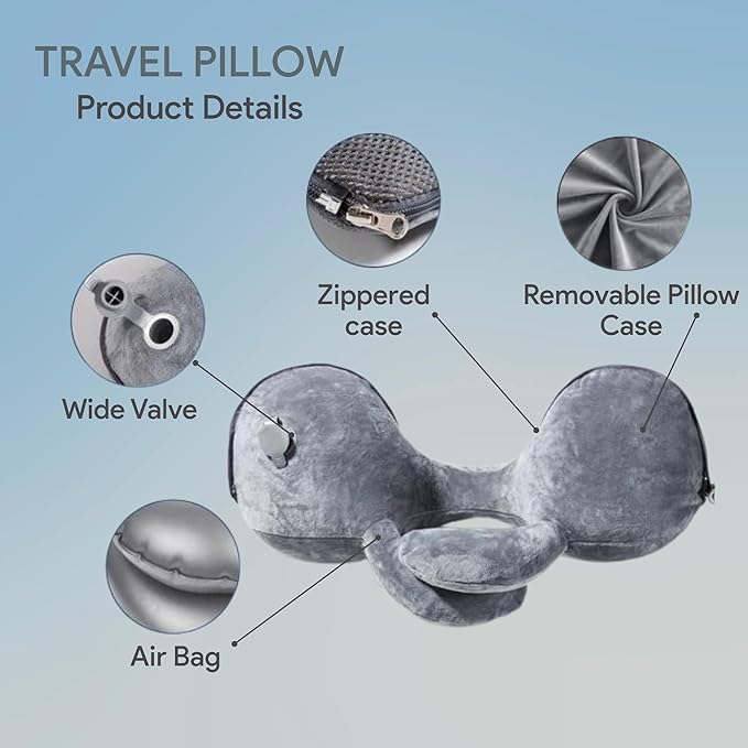 Inflatable Travel Neck Pillow for Airplane & Long Flights | 360° Cervical Support | Ultra-Compact & Lightweight with Washable Velour Cover | Easy Manual Pump Inflation