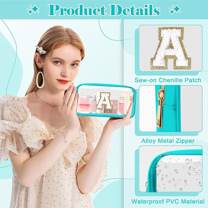 Personalized Initial Letter Clear Makeup Bag,Preppy Small Nylon&PVC Cosmetic Zipper Bag with Chenille Letter,Portable Beach Travel Skincare Toiletry Bag,Trendy Monogram Gift for Teen Girls Women,A