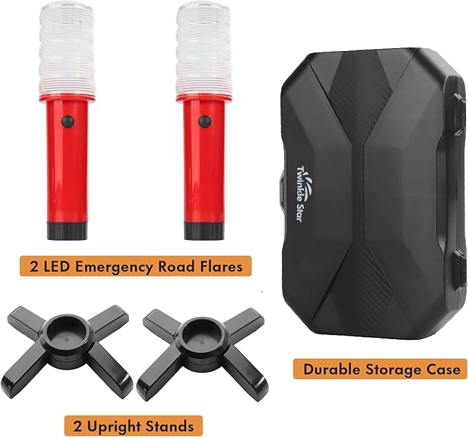 Twinkle Star Emergency Roadside Flares Kit LED Safety Strobe Road Warning Light Highway Beacon Alert Flare with Magnetic Base, Detachable Stand, Solid Storage Case (Set of 2) New