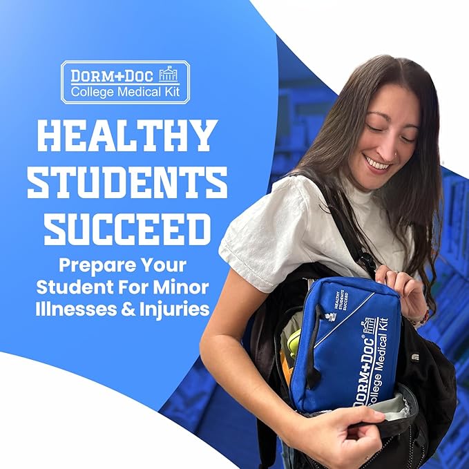 College First Aid Kit – Compact Emergency Medical Kit for Dorm Rooms, School, Sports – with Bandages, OTC Medicines for Relief, Gauze, Quick Care Set – Portable Health Kit - 175 PCS, Blue