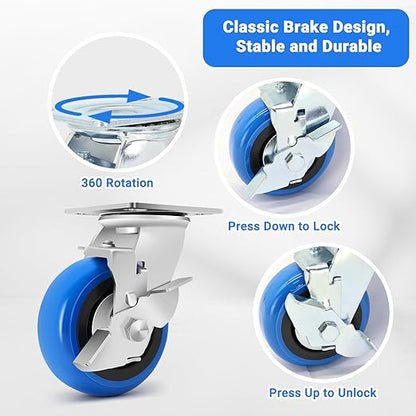 W B D WEIBIDA 5 Inch Heavy Duty Casters Set of 4, Smooth Rolling Caster Design for Cart Wheels, 3500 LBS Industrial Grade Castors with Upgraded Thickened Bracket, Durable Castors (2 Brake & 2 Rigid)
