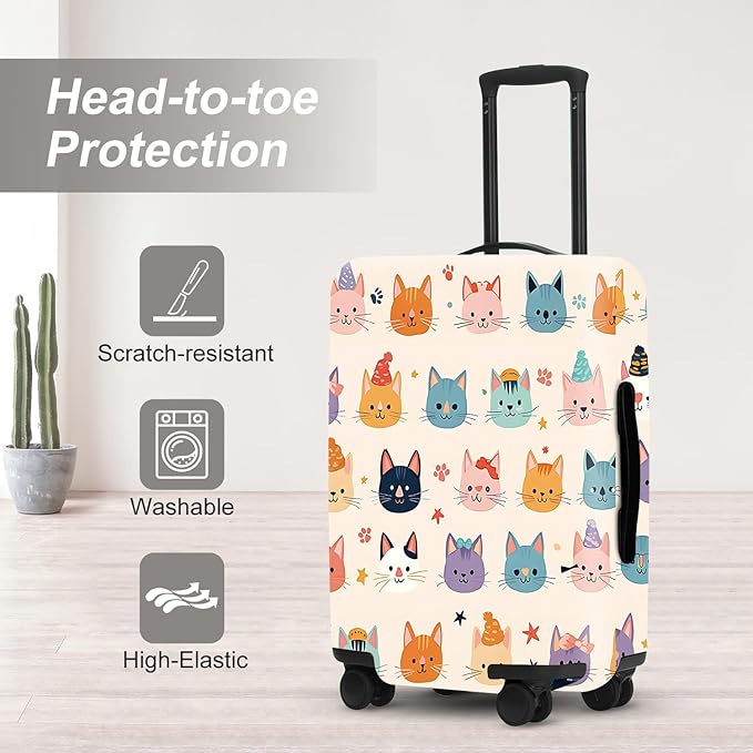 Multi Cat Luggage Protector, Washable Suitcase Cover Allover Cartoon Kitty Faces Anti-scratch for 28",30"Bag