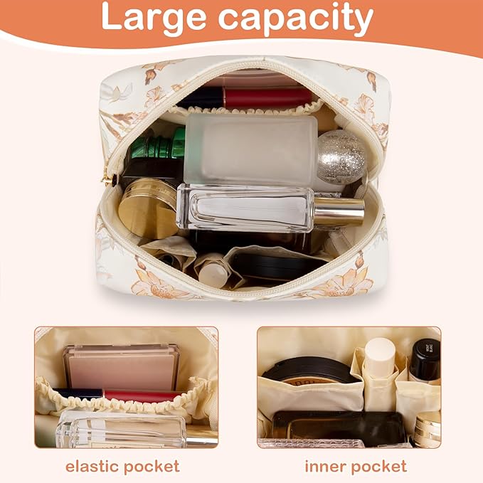Floral Waterproof Makeup Bag, Leather Cosmetic Bag with Compartments, Zipper Make up Pouch Organizer, Portable Storage Travel Toiletry Bag Gifts for Women Girls(Apricot Flower)