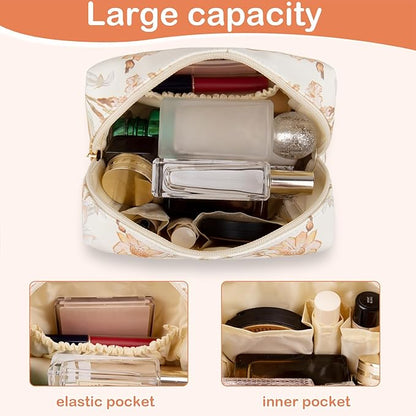 Floral Waterproof Makeup Bag, Leather Cosmetic Bag with Compartments, Zipper Make up Pouch Organizer, Portable Storage Travel Toiletry Bag Gifts for Women Girls(Apricot Flower)