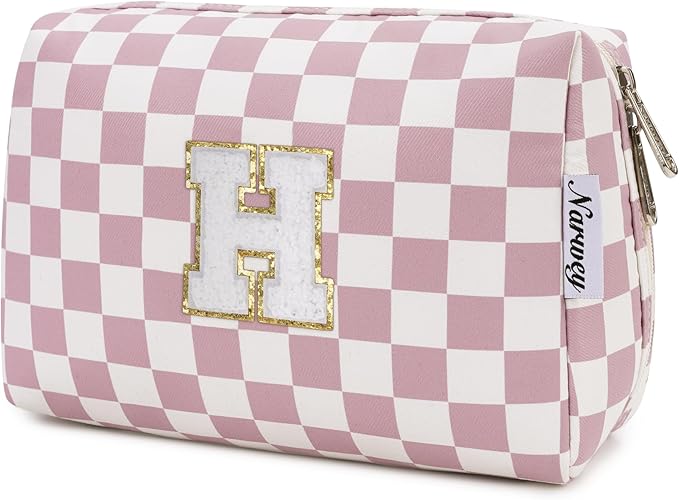 Narwey Birthday Gifts for Teen Girls Kids Women Personalized Initial Checkered Makeup Bag Pink Monogram Cosmetic Bag Trendy Stuff 6 8 10 11 12 13 14 16 18 Years Old Travel Toiletry Bag (Dusty Rose H)