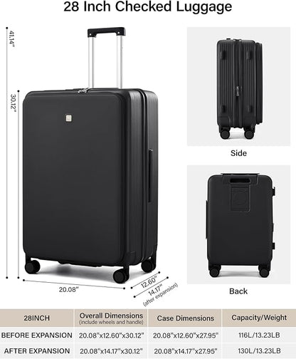 Hanke Expandable 28 Inch Luggage with Spinner Wheels Top Opening Travel Luggage Hard Shell Rolling Suitcases Large Lightweight Checked Luggage with Cup Holder(Jet Black)