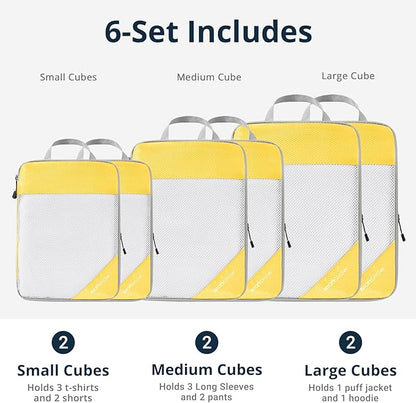 Compression Packing Cubes 6 Set, Compressible Space-Saving Packing Cubes for Travel - Compression Bags, Luggage Organizer, Travel Essentials for Women, Golden Yellow