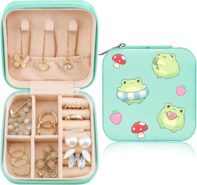 MAYCARI Jewelry Box with Cute Mushroom Frog Pattern Design, PU Leather Jewelry Travel Organizer Case-Rings/Earrings/Necklace Storage Box for Women Birthday Mom Friends Her Bridesmaids Girls s
