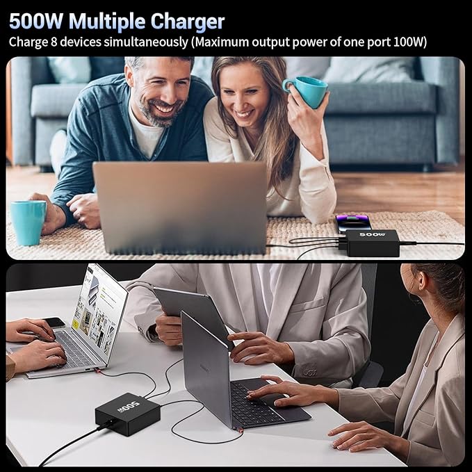 500W USB C Charger Block: 8-Port GaN Charging Station Hub - Dual 100W PD, 3x65W USB-C Fast Charge, Compact Adapter - Wall Plug Power Hub for MacBook Pro iPhone 16 iPad Dell XPS Galaxy Travel Office