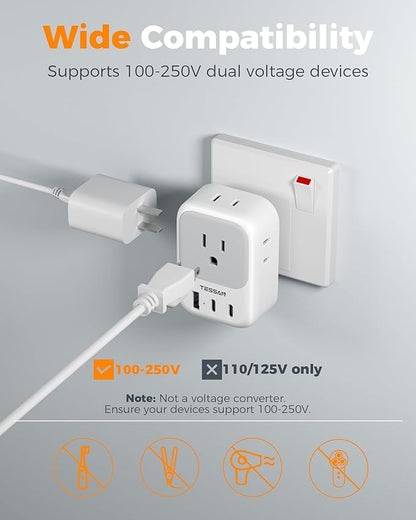 US to India Plug Adapter 2 Pack, TESSAN Type D Travel Adapter with 4 Outlets 3 USB (2 USB-C), Power Adaptor for US to India Nepal Maldives Pakistan Bangladesh Sri Lanka Bhutan Yemen