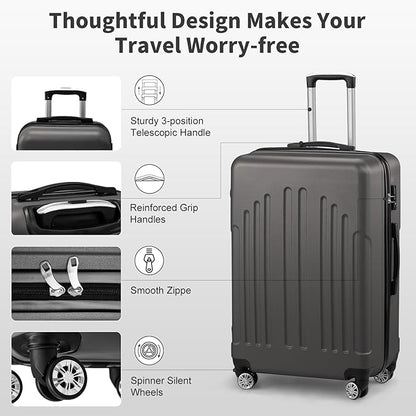 Karl home 24in Checked Luggage with TSA Lock, ABS Hardshell Check-in Suitcase with Spinner Wheels, Durable Medium Suitcase Rolling Luggage for Business Travel, Dark Grey