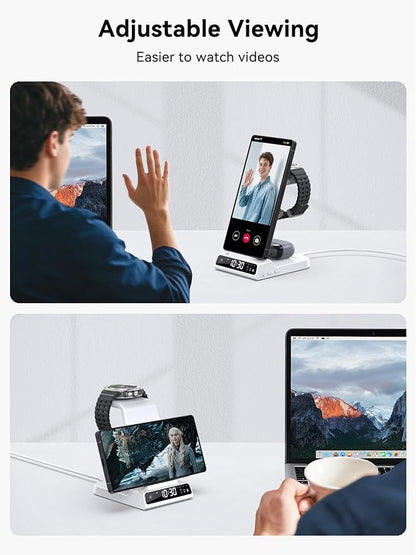 Wireless Charger for Samsung Charging Station with Clock for Samsung Galaxy S25 Ultra/S24 Ultra/Z Flip 6/5/Fold 5/Bud 2, 3 in 1 Charging Station Watch Charger for Samsung Galaxy Watch 7/6/5Pro(White)