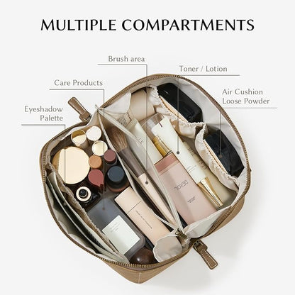 EACHY Travel Makeup Bag, Faux Suede Cosmetic Bags for Women,Large Capacity Portable Pouch Open Flat Toiletry Bag Make up Organizer with Divider and Handle