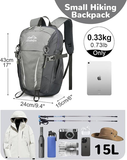 15L Small Padded Hiking Backpack with Chest Strap for Men Women, Lightweight Waterproof Daypack for Travel, Gray