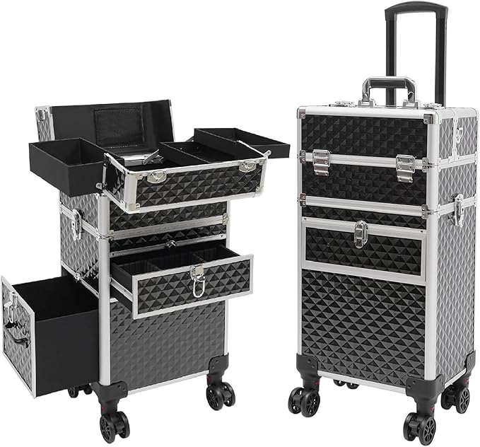Makeup Train Case With 360° Rotation Wheels Multi-Functional Cosmetic Trolley with Drawer Large Storage Traveling Cart Trunk Black for Nail Technicians Hairstylist