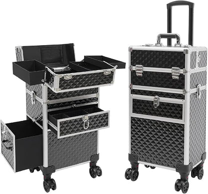Makeup Train Case With 360° Rotation Wheels Multi-Functional Cosmetic Trolley with Drawer Large Storage Traveling Cart Trunk Black for Nail Technicians Hairstylist