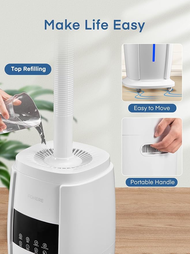 FOHERE Humidifier Large Room 4.8Gal/18L, Quiet Whole House Humidifier for Home Plants Office Commercial 1500 sq.ft, Top Fill Ultrasonic Cool Mist Humidifiers with 4 Mist Mode, 5 Speeds, Remote, White
