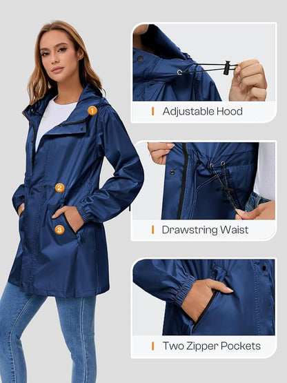 SaphiRose Women's Lightweight Long Rain Jacket Packable Raincoat Hooded Outdoor Trench Coats