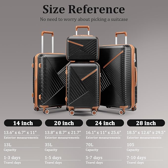 4-Piece Expandable Hardshell Luggage Set with TSA Lock (14/20/24/28) - Lightweight PP Suitcases, 360° Silent Spinner Wheels and Durable 100LB Handle for Air Travel (D# Black)