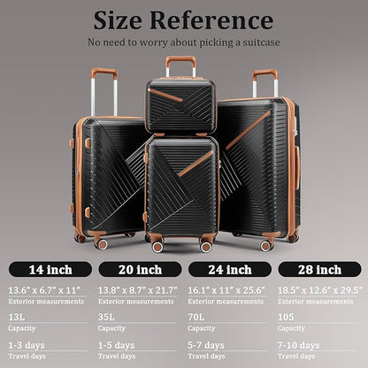 4-Piece Expandable Hardshell Luggage Set with TSA Lock (14/20/24/28) - Lightweight PP Suitcases, 360° Silent Spinner Wheels and Durable 100LB Handle for Air Travel (D# Black)