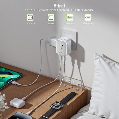 EPICKA Hybrid International Power Adapter for US to German & France, Foldable & Detachable Type EF VisaPlug, 8-in-1 Travel Plug Adapter with 4 USB Ports (2 USB-C PD 20W), Travel Dormestic Essentials