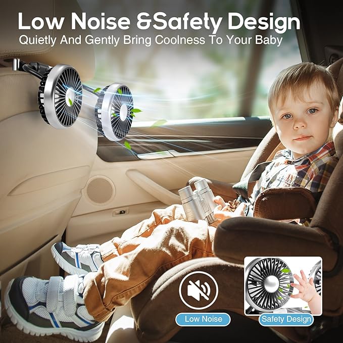 Dealswin Car Fan for Backseat Kids, 2025 Upgraded Dual-Head Car Seat Fans with LED Lights, 3-Speed and 360° Rotatable USB Powered for SUV, RV, Truck, Vehicles
