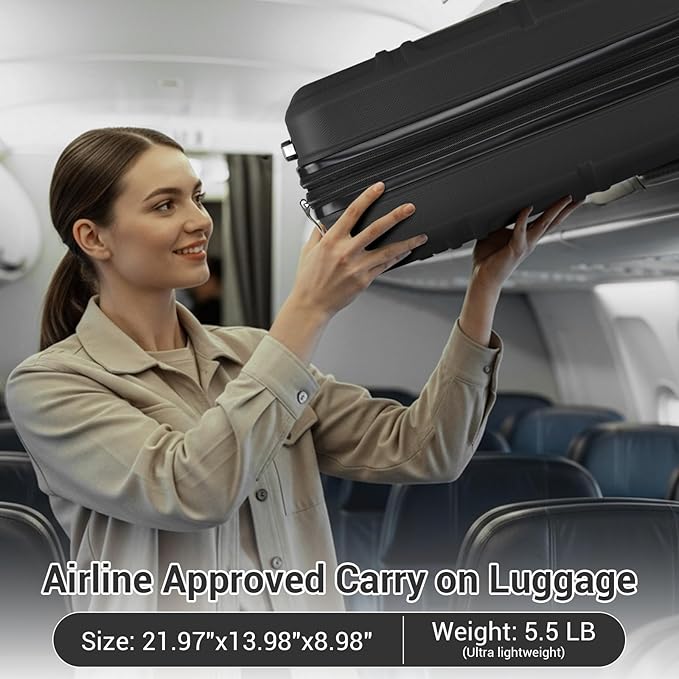 Kono Carry On Luggage 22x14x9 Airline Approved with Spinner Wheels,Lightweight PC+ABS 20 Inch Luggage with TSA Lock,Expandable Hard Shell Carry On Suitcases for Men Women,Black