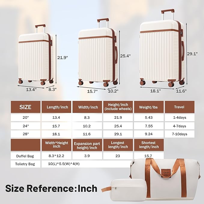 Merax Luggage Sets, Durable Hardshell 3 Piece Suitcase with Double Spinner Wheels and Handle Bags,Lightweight Carry on Luggage with TSA Lock,20+24+28 inches,White and Brown