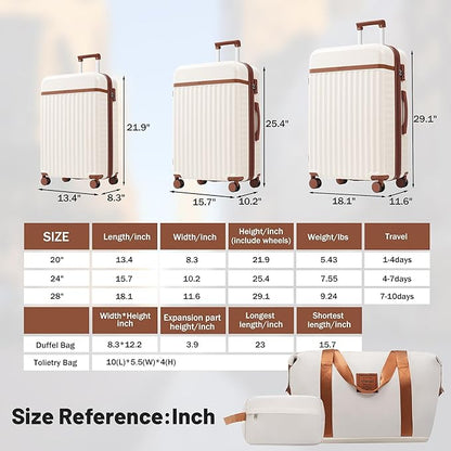 Merax Luggage Sets, Durable Hardshell 3 Piece Suitcase with Double Spinner Wheels and Handle Bags,Lightweight Carry on Luggage with TSA Lock,20+24+28 inches,White and Brown