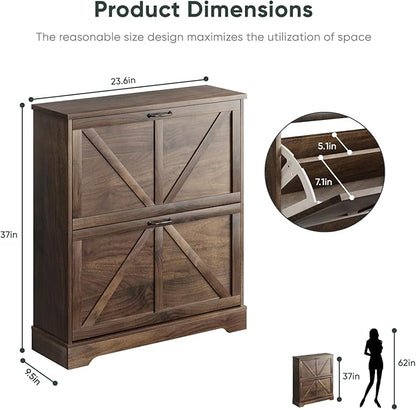 Shoe Cabinet, Shoe Storage Cabinet for Entryway with 2 Flip Drawers, Narrow Farmhouse Shoe Organizer Cabinet, Slim Shoe Rack Cabinet, 31.5in Walnut