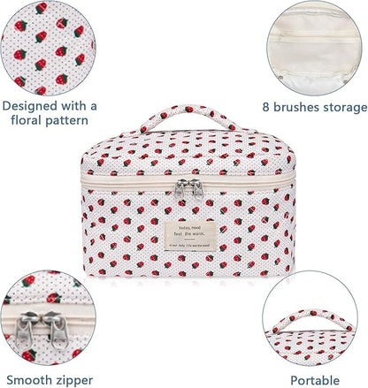 Large Makeup Bag, Cute Cosmetic Bag for Women Girls, Floral Coquette Aesthetic Toiletry Bag, Travel Make Up Organizer Bag (Strawberry)