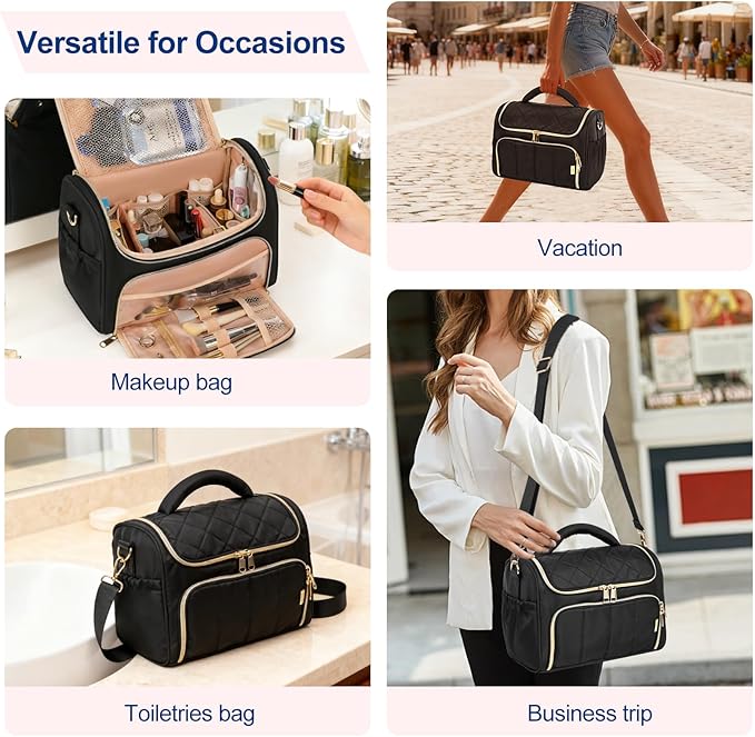 Travel Toiletry Bag Large Cosmetic Makeup Bag Organizer for Women,Wide-open Make Up Bag Waterproof Makeup Case Travel Bag with Handle and Dividers for Toiletries,Essentials,Accessories,Black