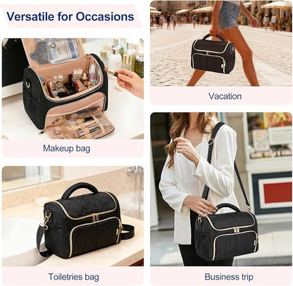 Travel Toiletry Bag Large Cosmetic Makeup Bag Organizer for Women,Wide-open Make Up Bag Waterproof Makeup Case Travel Bag with Handle and Dividers for Toiletries,Essentials,Accessories,Black