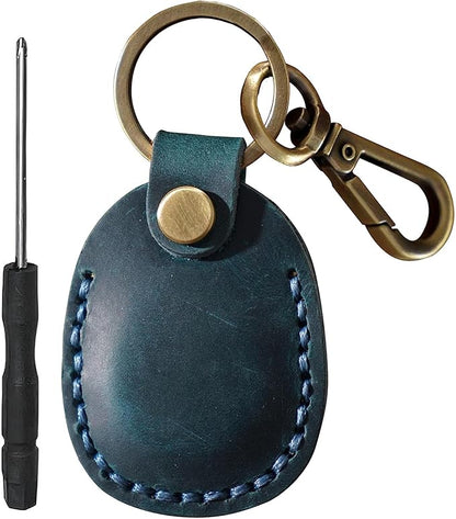 Genuine Leather AirTag Keyring Holder Compatible with Apple AirTag Keychain Leather. Anti Lost Secure Air Tag Case Key Ring for Key Pet Collar Luggage Bag. Protective AirTags Key Chain Cover (Blue)