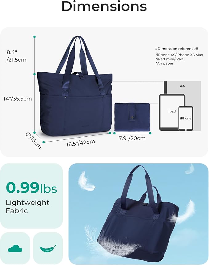BAGSMART Tote Bag for Women, Foldable Tote Bag With Zipper Travel Large Shoulder Bag Handbag for Work-16.5''l X 6''wx 14''h