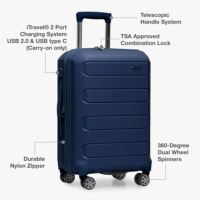 Traveler's Choice Pagosa Indestructible Hardshell Expandable Spinner Luggage, Navy, 26-Inch Medium