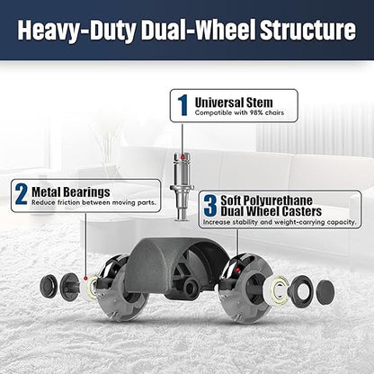 Office Chair Wheels Replacement, 2.5 Inch Universal Casters for Hardwood Floors & Carpet, Heavy Duty, Quiet, Scratch-Free, Fits Most Chairs, Easy Install, Set of 5.Dark Grey