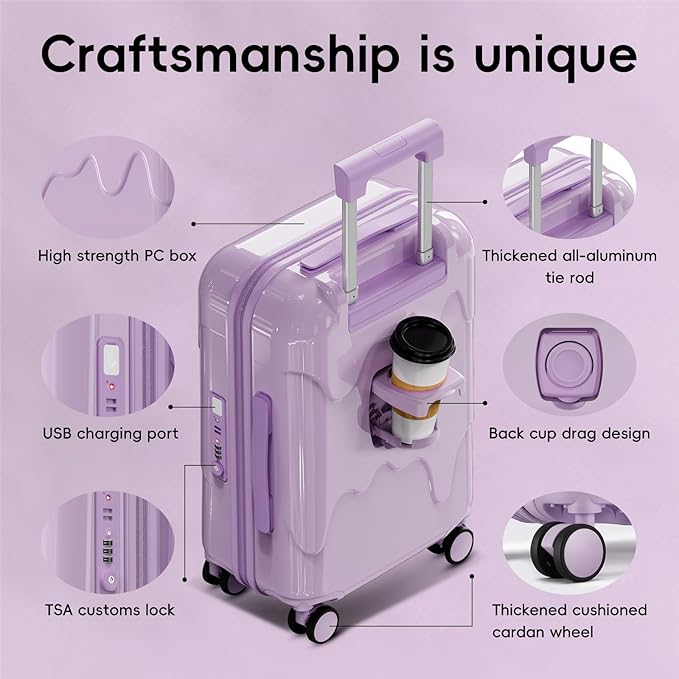 ROAMING 20-Inch Purple Carry On Luggage Airline Approved Lightweight PC Hardside Rolling Suitcase with TSA Lock Cup Holder USB Charging Port and Spinner Wheels for Women Ice cream suitcase