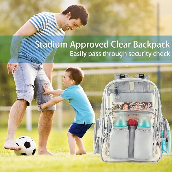 Mancro Diaper Bag Backpack, Clear Baby Bag Heavy Duty Transparent Backpack for Girls Boys, Multifunction Large Travel Backpack Maternity Baby Changing Bags for Mom with Stroller Straps, Grey