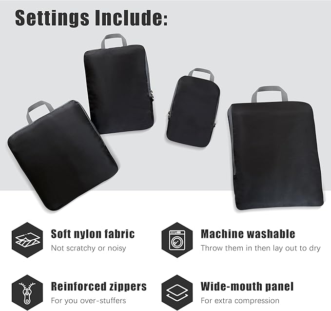 4 Set Compression Packing Cubes Travel - Travel Accessories Expandable Packing Organizers for Carry On - Essentials Luggage Bags - Black