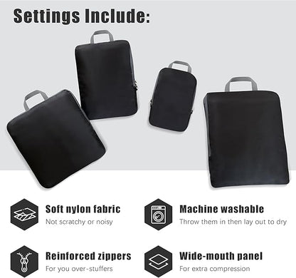 4 Set Compression Packing Cubes Travel - Travel Accessories Expandable Packing Organizers for Carry On - Essentials Luggage Bags - Black