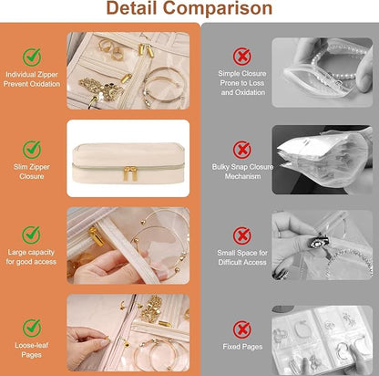 Travel Jewelry Case Organizer for Women, Jewelry Storage Book with Small Pouch, Travel Jewelry Bag Case for Traveling Necklace, Earrings, Rings, Bracelet Organizer (Beige)