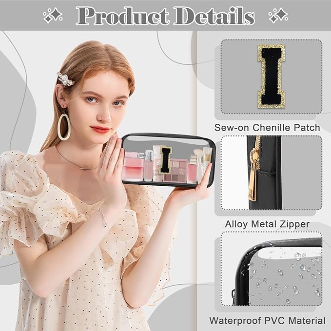 Personalized Initial Letter Clear Makeup Bag,Preppy Small Nylon&PVC Cosmetic Zipper Bag with Chenille Letter,Travel Skincare Toiletry Bag,Monogram Christmas Gift for Teen Girls Women,I